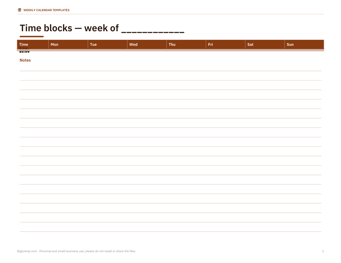 Preview of the first page of Hourly time-block planner