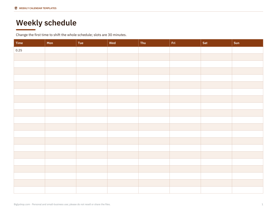 Preview of the first page of Excel weekly schedule (XLSX)