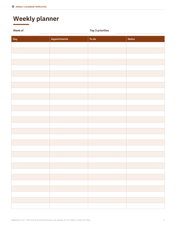 Preview of Printable Horizontal Weekly Planner